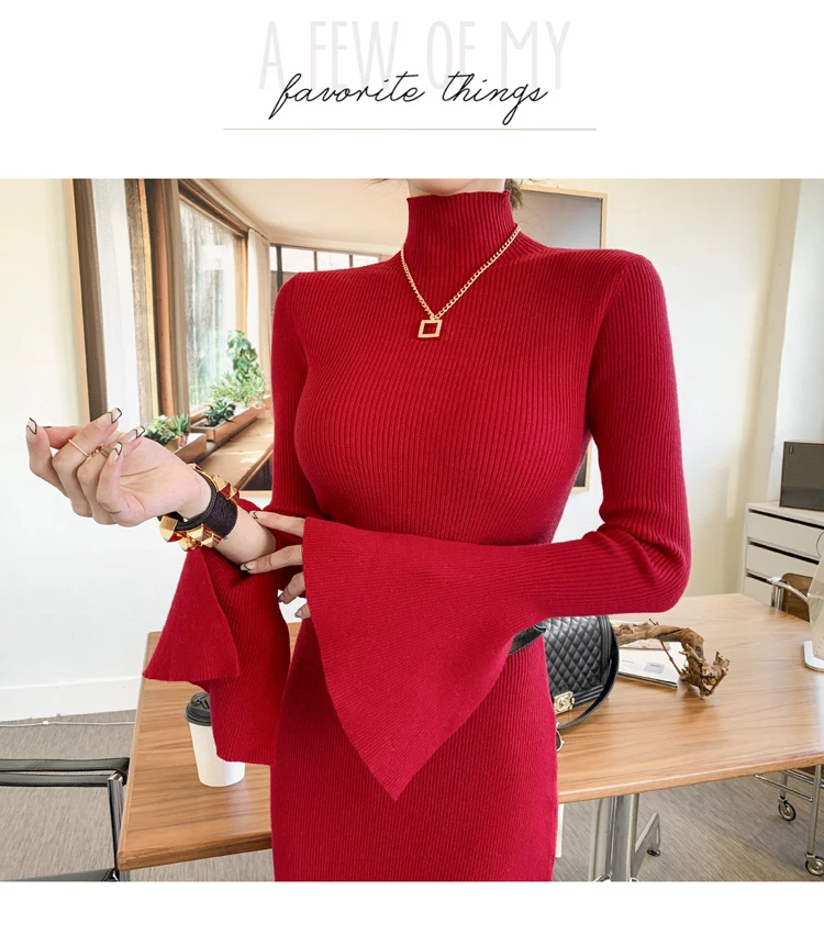

New Winter Turtle Neck Long Knitting Dress Bodycon Solid Sheath Fishtail Cloth Belt Female Mid-calf Sweater Sexy Dress