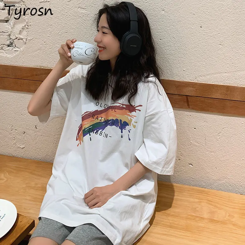 

Women Short Sleeve T-shirts Rainbow Printed Sweet Fashionable Teens Lovely Ulzzang Loose Casual All-match Harajuku Hipsters Tees