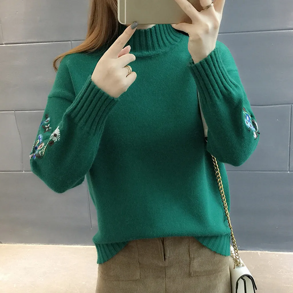 New Loose Thick Warm Winter Pullover Sweater Women Embroidery Jumper Half Turtleneck Long Sleeve Knit Yellow Sweater Female
