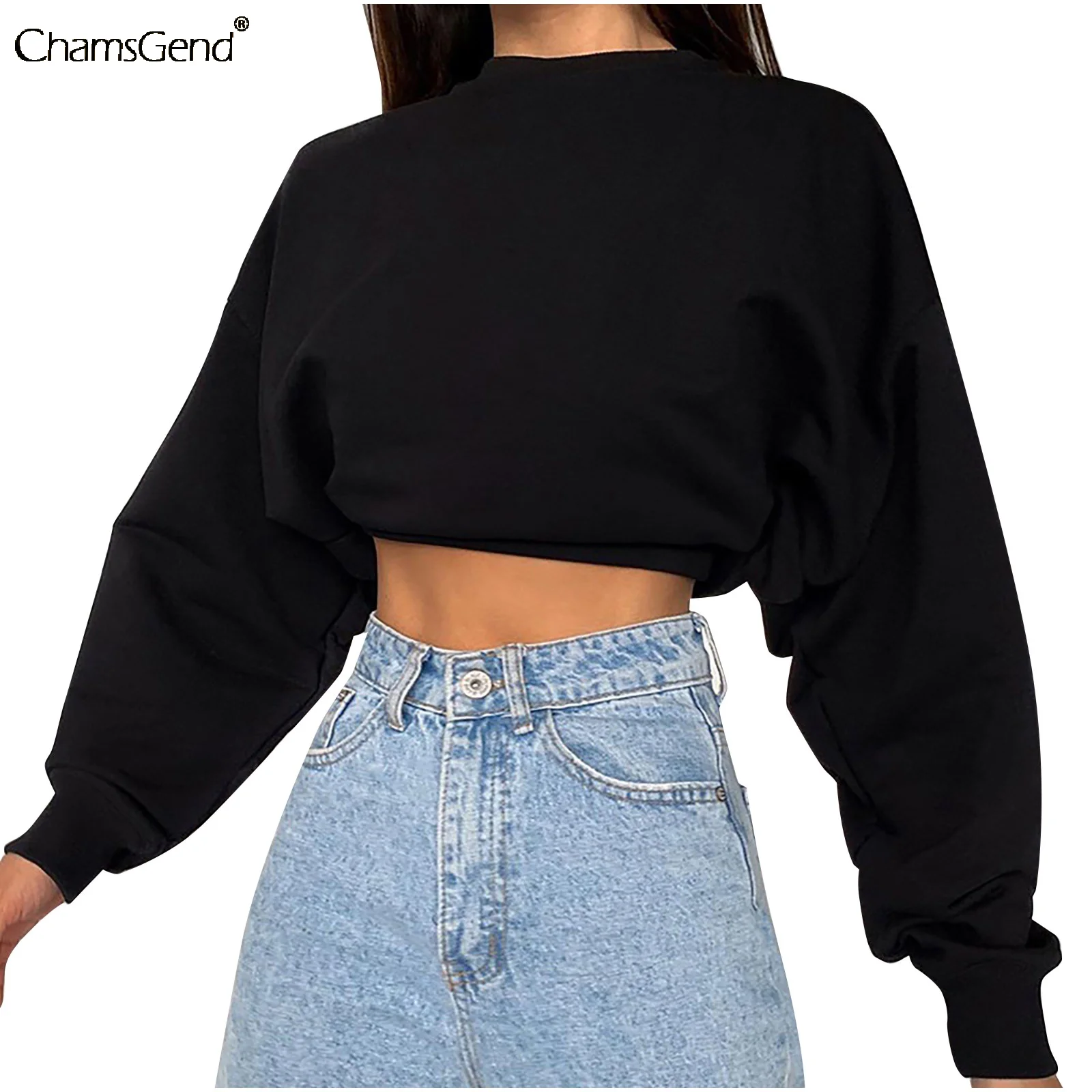 

Women Casual Pure Color Cropped Hoodies Sweatshirt Autumn Winter Crew Neck Long Sleeve Pullovers Crop Top Slim Female Shirts