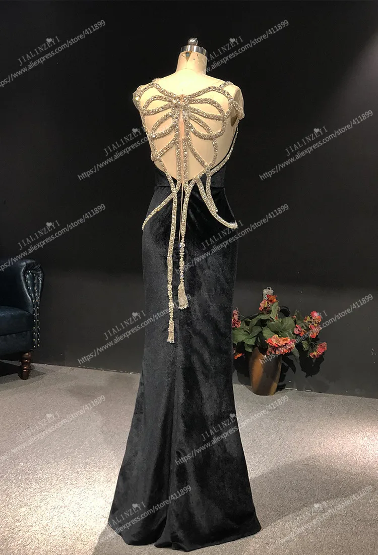 Rhine real Pictures Marchesa Black Velet with Crystal Mermaid sexy back arabic evening dresses long