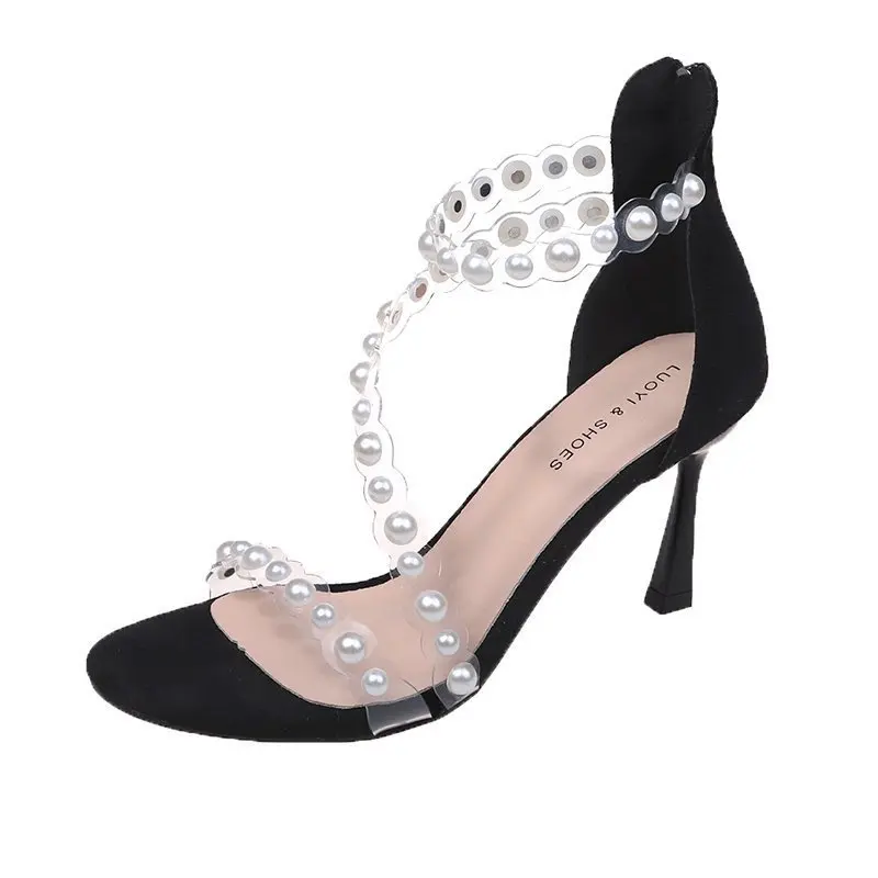 

Autuspin Back Zipper Sandals Woman Fashion Summer High Heels 2021 Newest Pearl Decoration Ladies Party Wedding Dancing Shoes