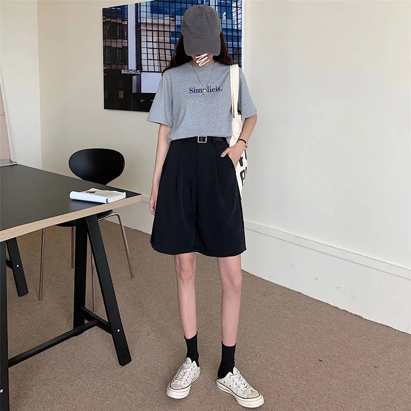 

Khaki Loose Suit Shorts For Women With Belt Summer 2021 High Waist Straight Wide Leg Knee Length Woman Pants Black Bottoms
