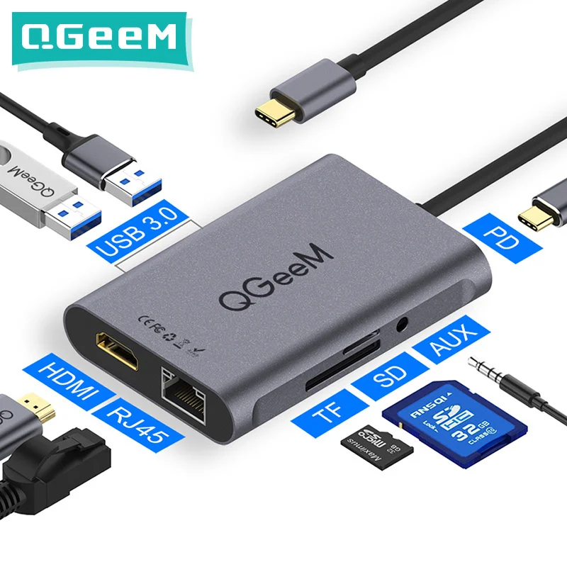 

QGeeM 8 In 1 USB C Hub for Macbook Pro USB Hub 3.0 Adapter PD RJ45 TF SD 3.5mm Aux Type C Hub for iPad Pro Splitter Dock
