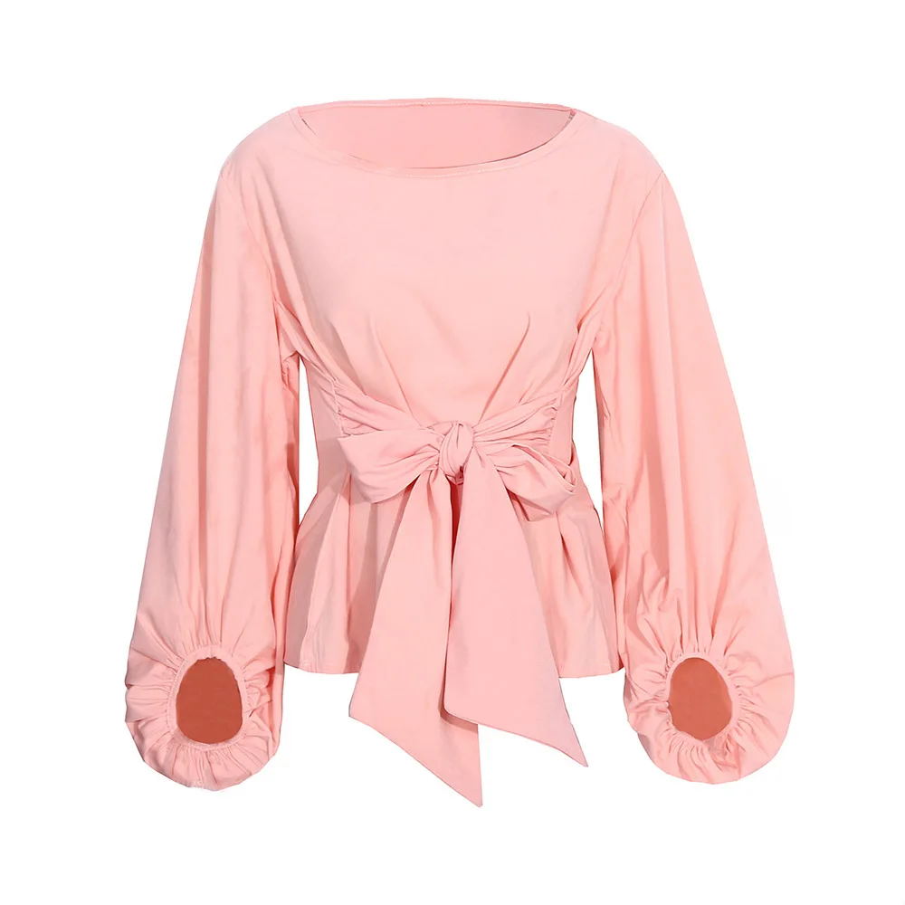 

Stylish casual loose bow tie lace lantern sleeve chiffon shirt Women Autumn shirt O Neck woman Long sleeve Blouses Tops