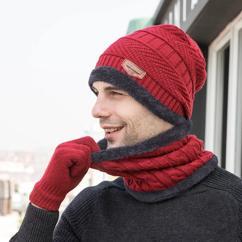 Unisex Beanies Hat Ring Scarf Gloves Set Winter Knitted Thick Warm Cap Women Men Solid Retro Beanie Soft Touch Screen |