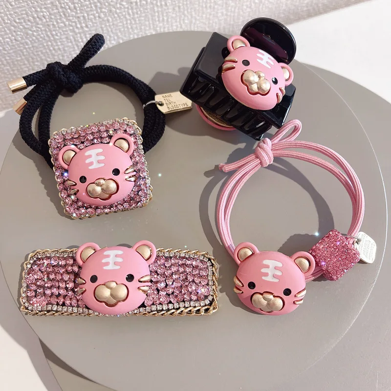 

Pink Hair Tie Clip for Women Girl Tiger Animal Elastic Bands Rubber Korean Cute Accessories Handmade Wholesale