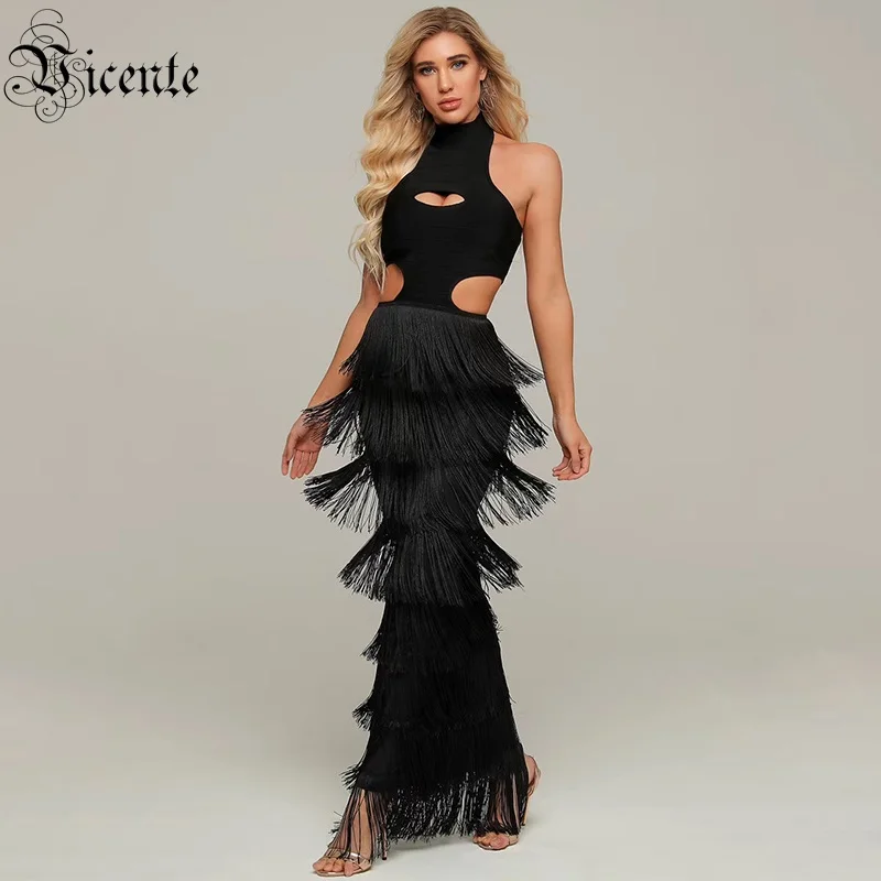 Черное платье с кисточками пикантное Бандажное Платье макси открытой спиной и