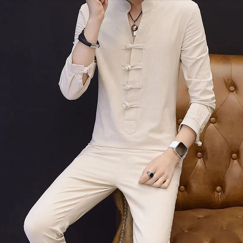 Men's Pajamas Three Quarter sleeve Sleepwear Cotton Linen Trousers Pyjamas Mens Pajamas Set 4XL 5XL