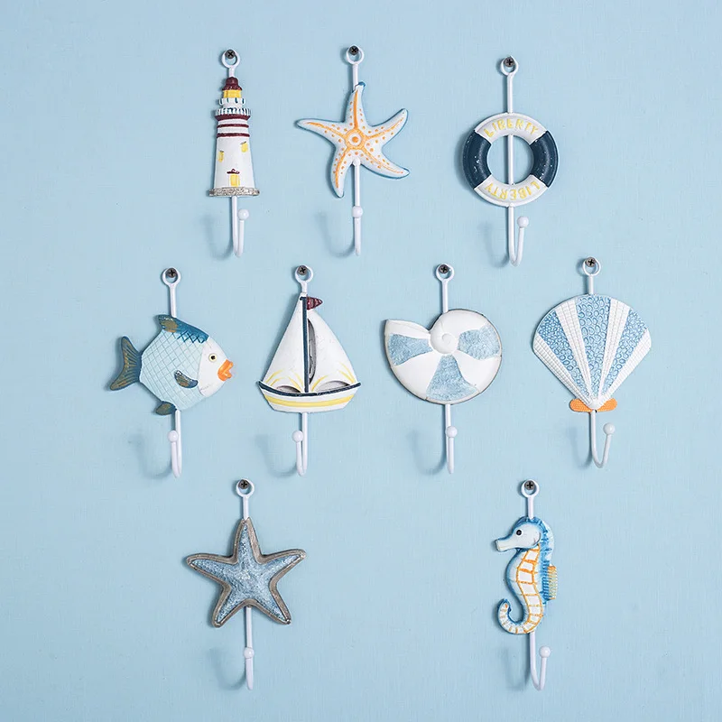 

Mediterranean Style Resin Hooks Clothes Hat Towel Rack Marine Animal Lighthouse Hook Home Creative Hanging Decor Ornaments