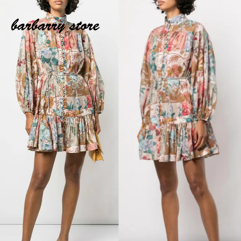 

2021 luxury brand retro flower printing fashion women's temperament deep V-neck versatile slim lantern long sleeve swing dress