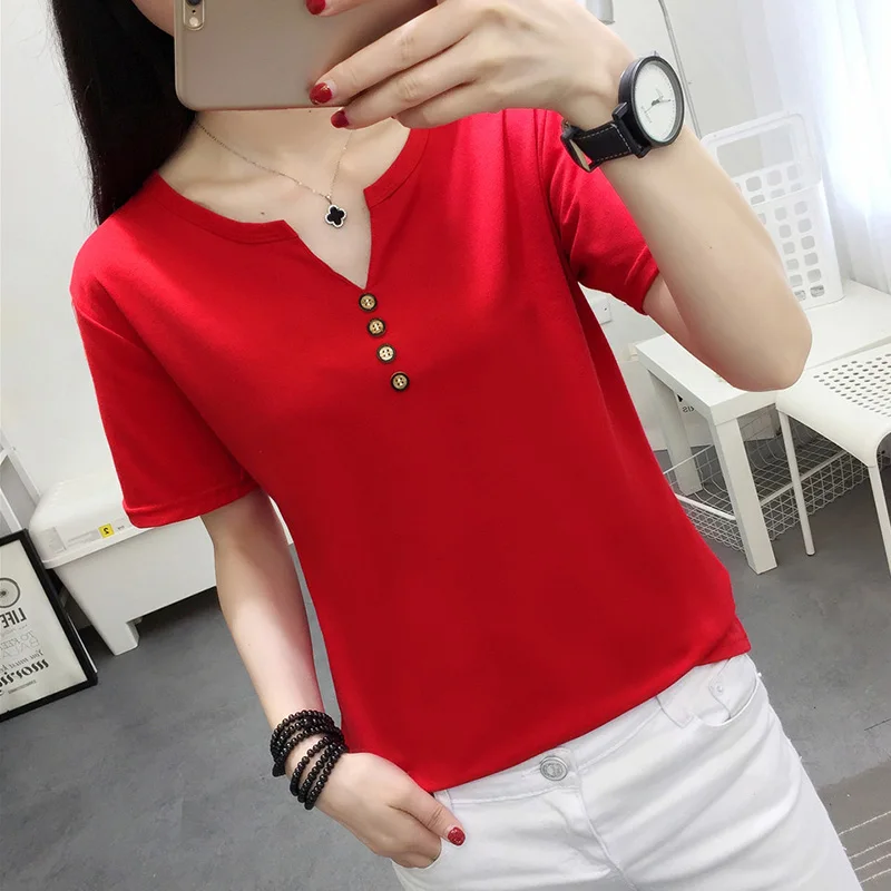 2021 Summer New Arrival Solid Color V-Neck Minimalism Casual All Matched Short Sleeves Women T-shirt | Женская одежда