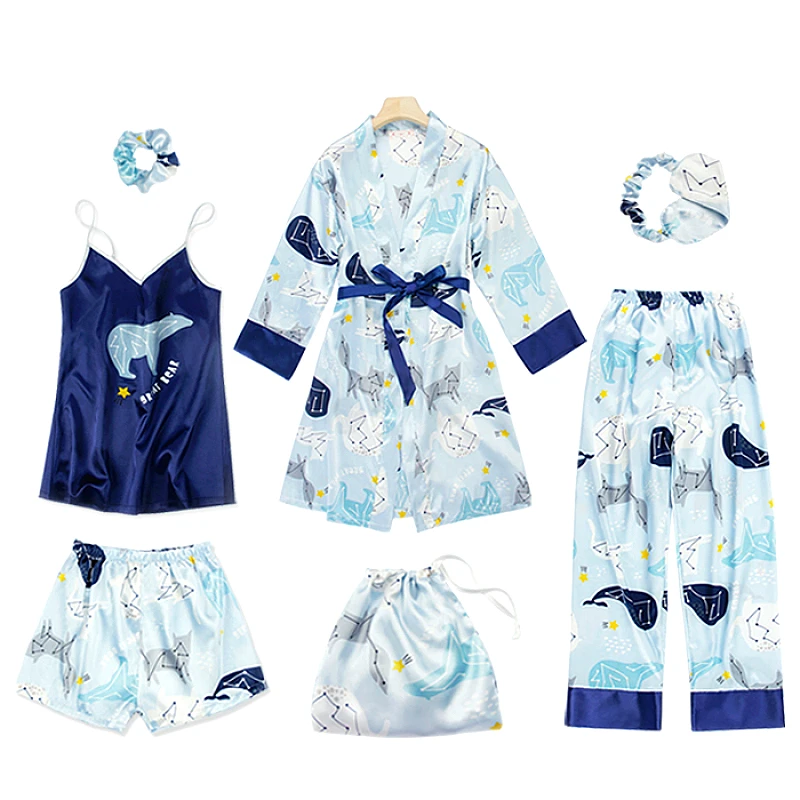 7 шт. женский Шелковый Атласный набор пижам пижамы Пижама Пижамный костюм