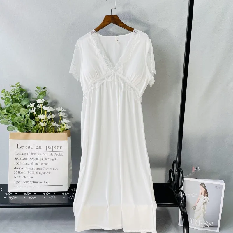 Women Sexy Long Nightdress Sleepwear Lace Satin Patchwork Nightgown Intimate Lingerie Casual Home Clothing Summer New Homewear