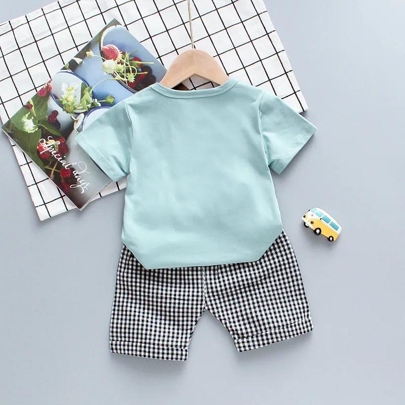 

0-4 years old baby children's suit summer short-sleeve cartoon excavator T-shirt + lattice shorts boys girls casual two-piece