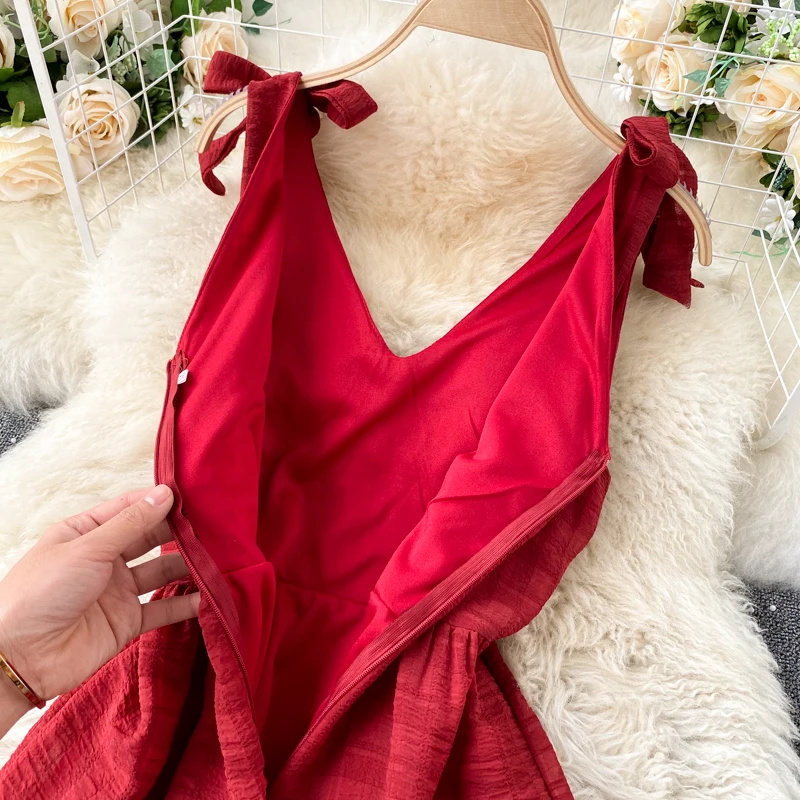 

Dresses Korean Casual Vacation Beach Maxi Dress 2021 Women Drawstring Strap Dress Summer Solid V Neck Ruffle A Line