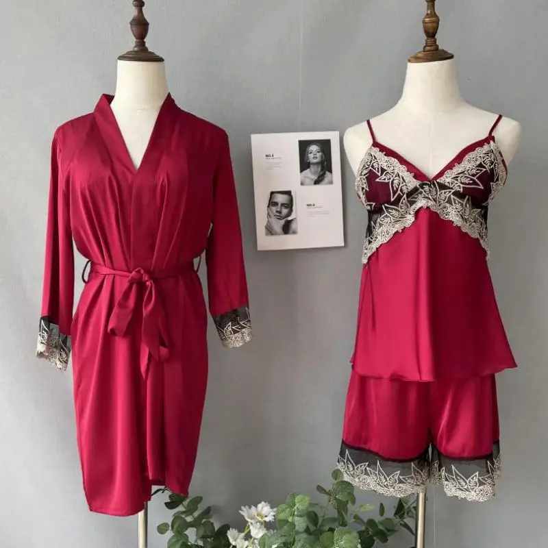 

Women Burgundy Pajamas Set Satin Silky Robe Suit Summer New Sleep Set Lace Patchwork 3PCS Sleepwear Female Pijamas Suit