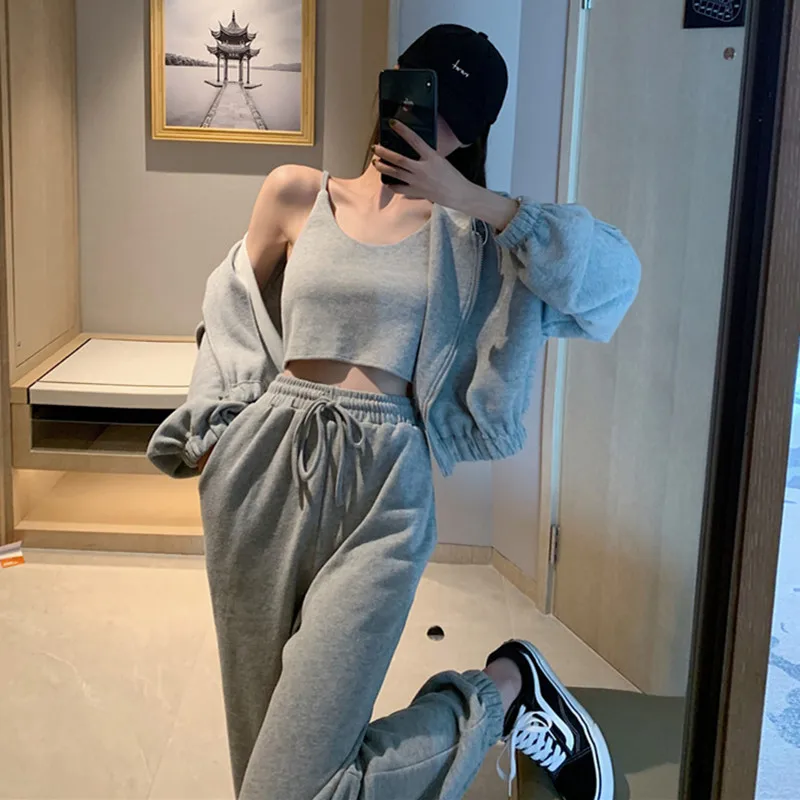 

Женский Повседневный Спортивный костюм, хлопковая куртка с капюшоном и штаны, комплект из трех предметов, весна-осень, 2021