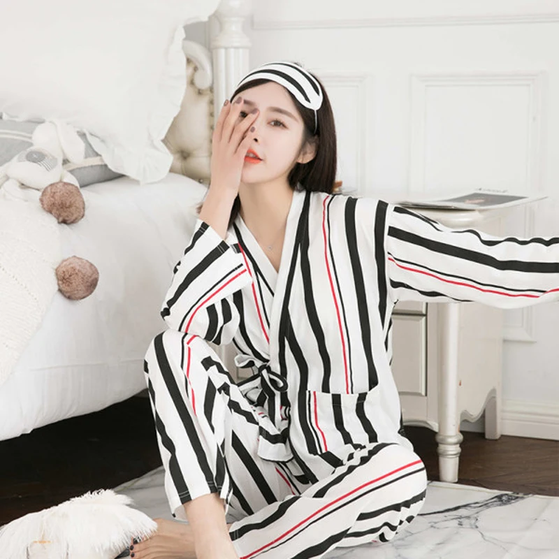 

New Cotton Kimono Women Pajamas Set Long Sleeve Trousers V-Neck Sleepwear Lingerie Two Piece Casual Pyjamas Soft Homewear Suit