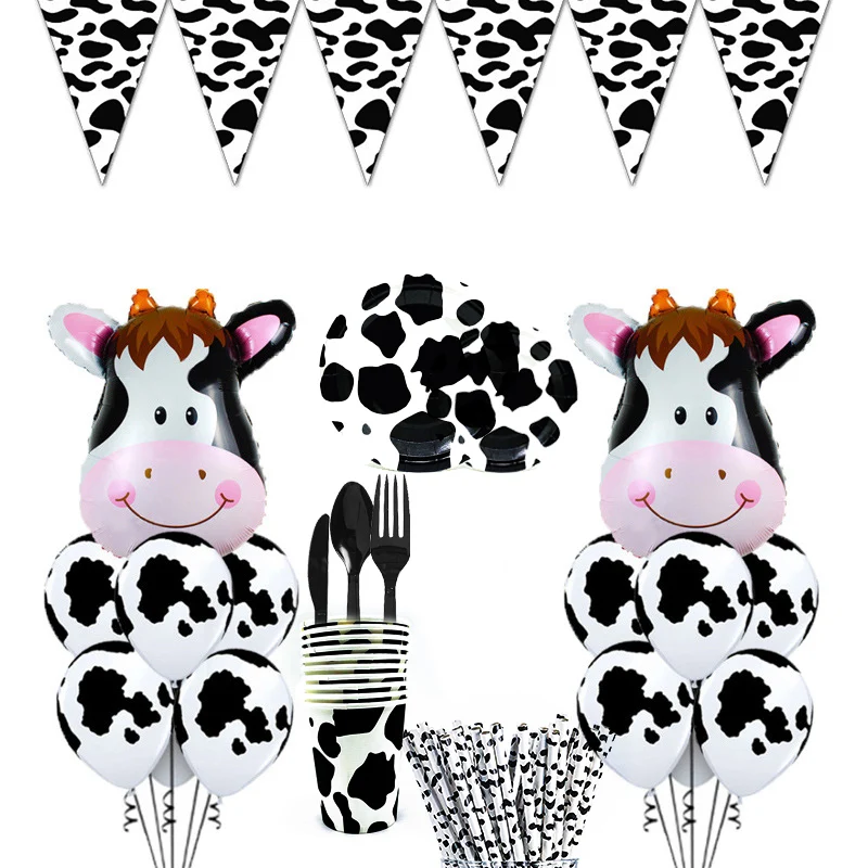 

Farm Cow Theme Birthday Party Disposable Cup Plate Tablecloth Animal Cow Balloons Baby Shower Wedding Decoration Kids Favors
