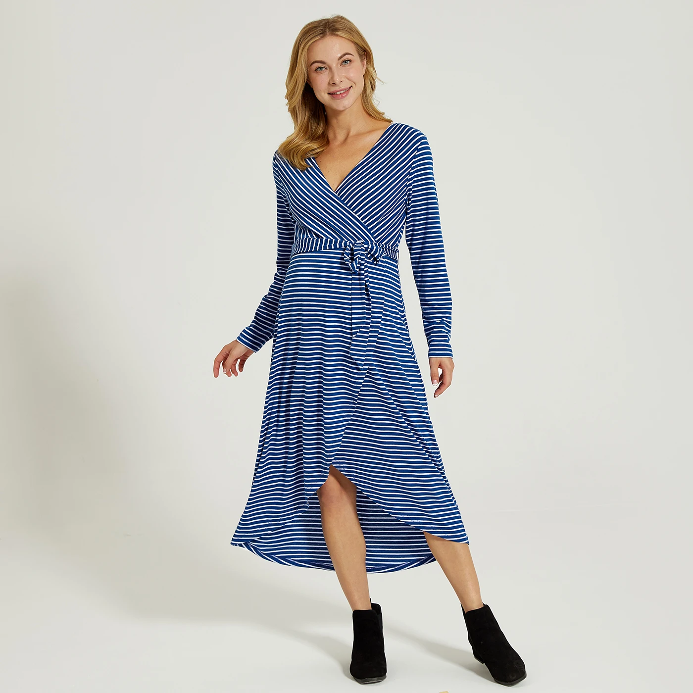 

PatPat 2021 New Arrival Spring Maternity V-neck Stripes full print Dark Blue Midi Long-sleeve Nursing Dress for Woman Clothes
