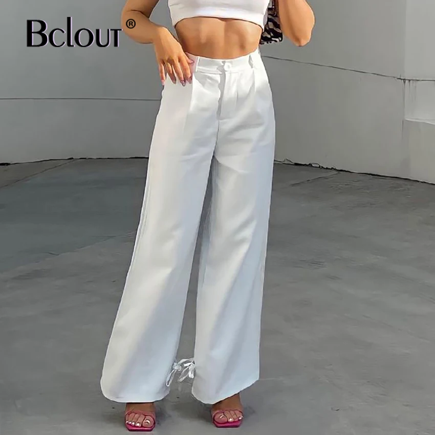 

Bclout White High Waist Wide Leg Pants For Women Streetwear Solid Long Pant Autumn Casual Pleated Trousers Pocket 2021 Button