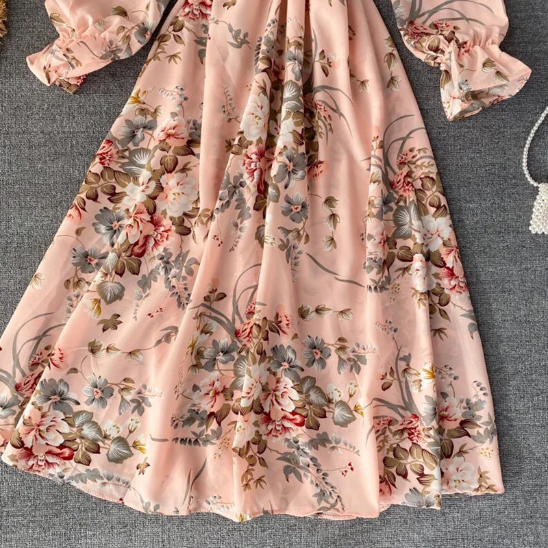 

2021 Vintage Floral Print Stand collar Chiffon Dress Spring Summer Midi Long Party Women elastic waist Vestido elegant dress