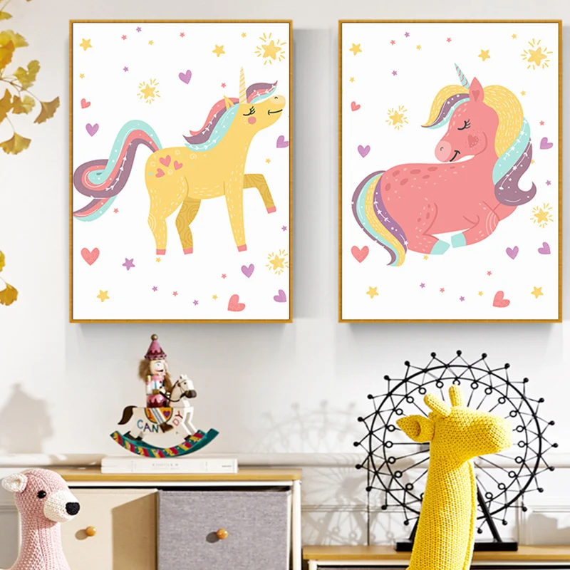 Цвет желтый розовый Постер с единорогом Детская Wall Art фотографии принтом
