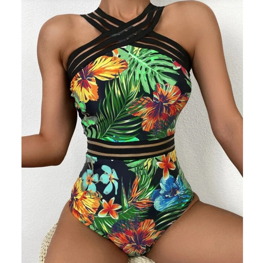

2022 Новый сексуальный цельный купальник женский купальник с принтом листьев женский сетчатый лоскутный купальный костюм летняя пляжная оде...