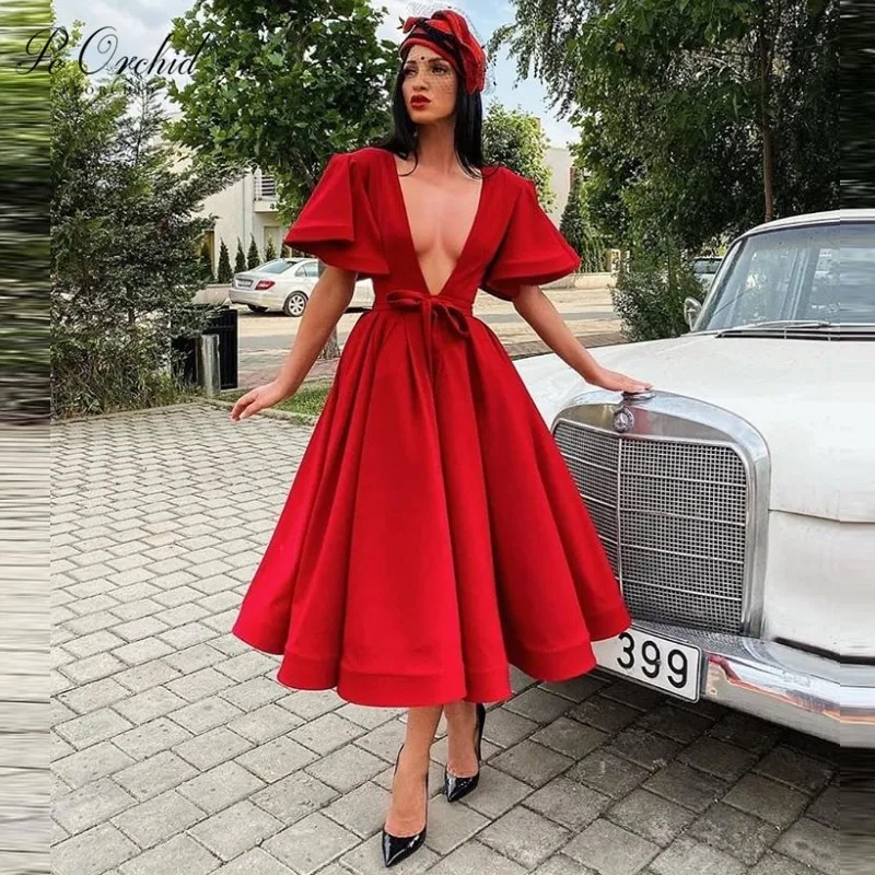 

PEORCHID Red Formal Short Evening Dresses Sexy Deep V Neck Satin Robe Cocktail Femme Tea Party Prom Dress With Sleeves 2020