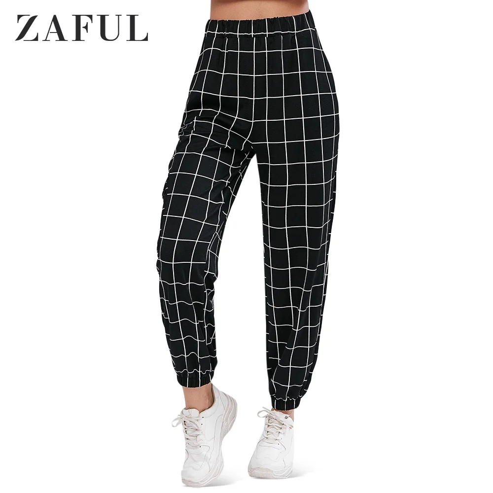 Брюки джоггеры Женские клетчатые с карманами и высокой талией|Брюки| |