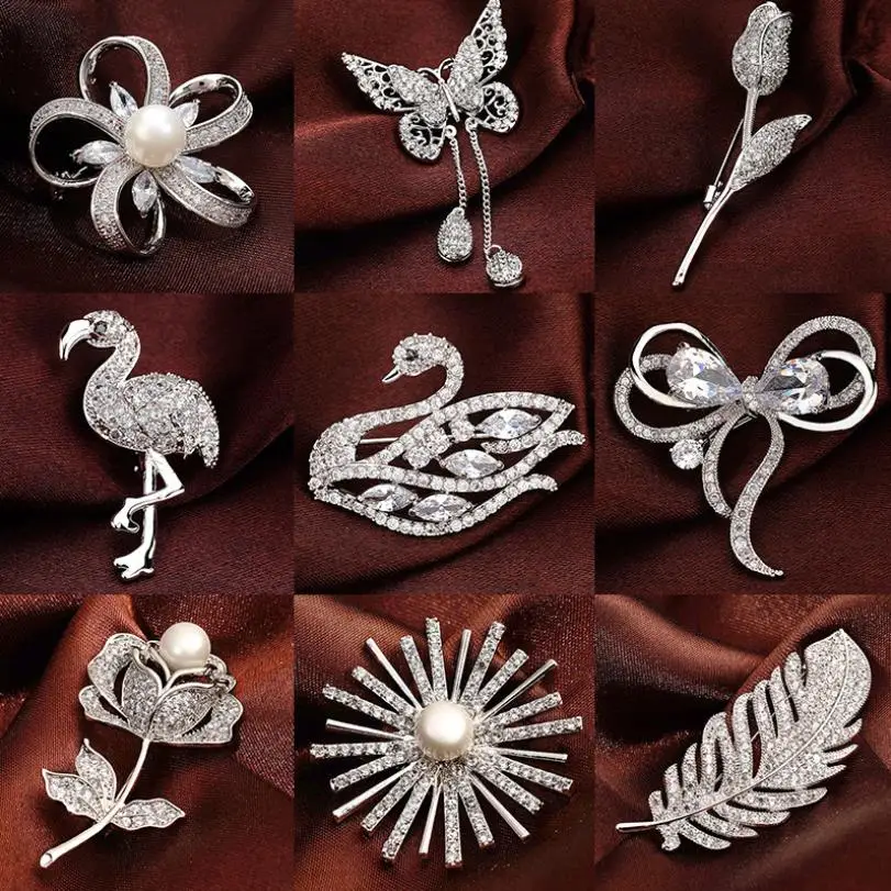 

Fashion High Quality Full Crystal Silver color Brooch Pin Pearl Flower Swan Animal Womens Wedding Scarf Accessories With Box