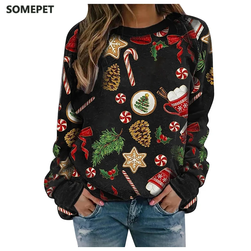 

Autumn and Winter Leisure Christmas Print Round Neck Long-Sleeved Sweater Tops Women'S Warm Soft Short Sweater Christmas Clothes