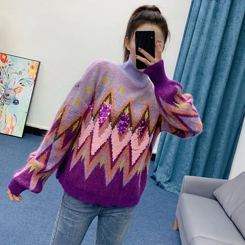 Женский толстый свитер с высоким воротом теплый шерстяной пуловер блестками и