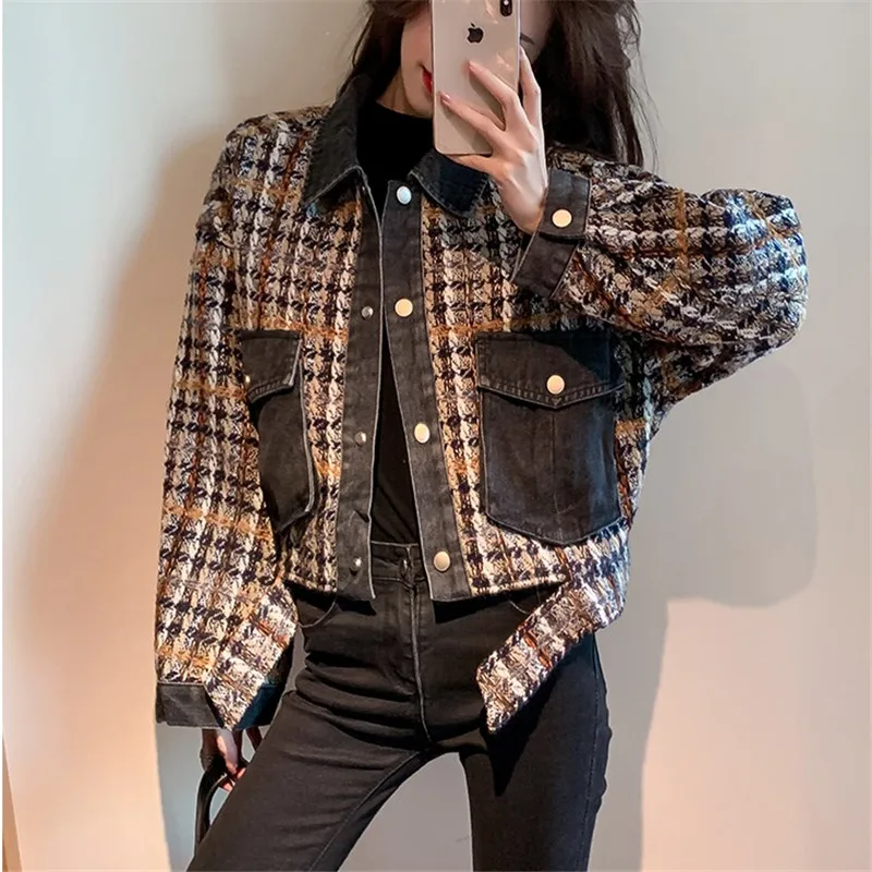 

CBAFU autumn winter korea chic patchwork denim tweed jacket long sleeve loose short coat pockets houndstooth runway outwear N506