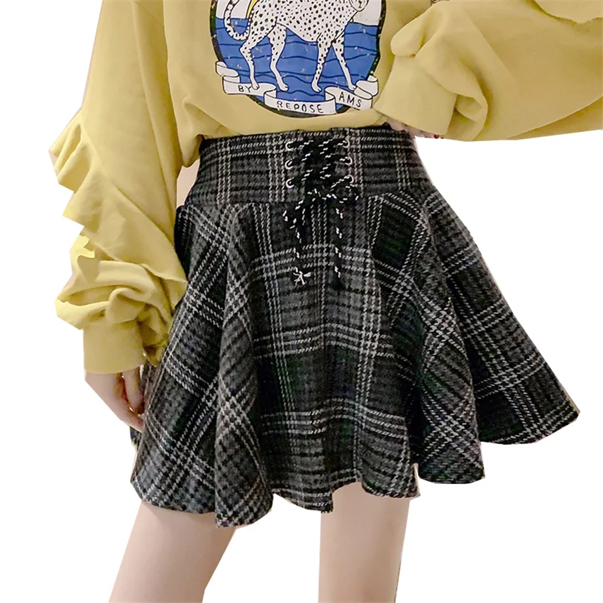 2019 Женская Повседневная шерстяная юбка с высокой талией японская школьная