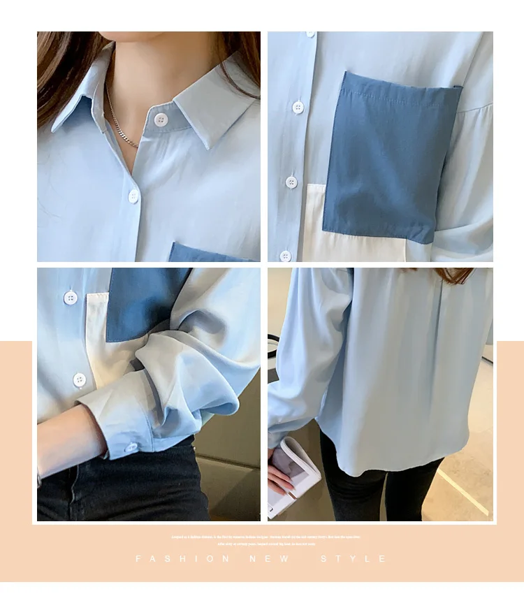 

Women's Blouses Chiffon Long Sleeve Tops Polo Shirts Solid Color Splicing Fashion Casual Korean Loose Commute