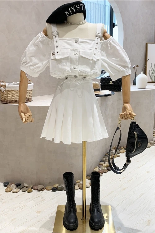

Fashion Two Pieces Skirt Suit Women's 2021 Summer Off Shoulder Short Strap Shirt Lady High Waist Pleated Mini Skirt