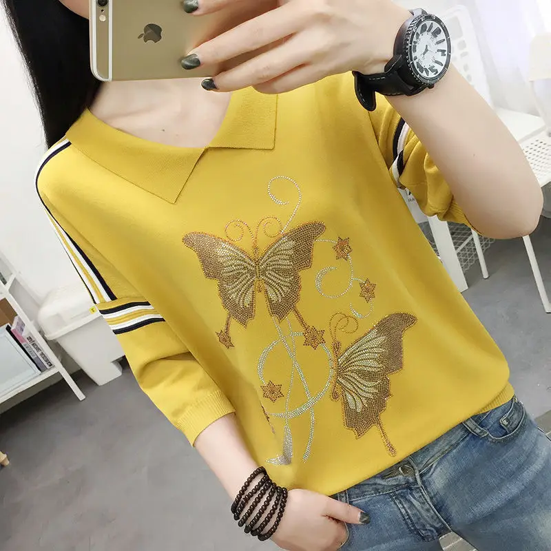 

Women's Three-Quarter Sleeve Shirt Thin Sweater Loose Korean Style Spring and Summer 2020 Base Shirt Short-Sleeved T-shirt Women