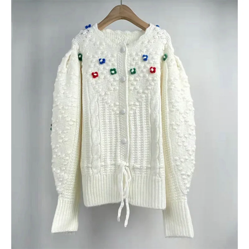 

Женский трикотажный кардиган с рукавами-фонариками и круглым вырезом