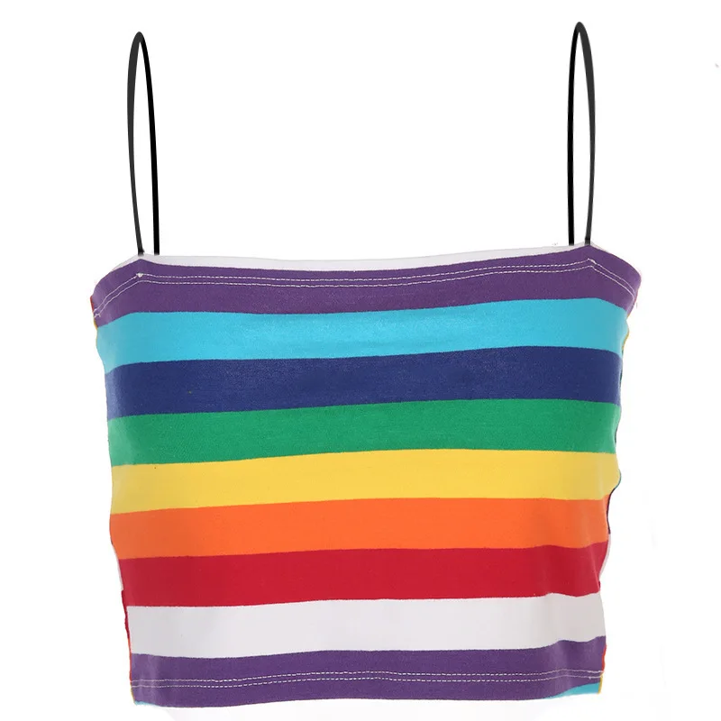 

2021 Hot Style Dress New Rainbow Stripes Printing Gradient Condole Belt Vest Nightclub Base Top For Female