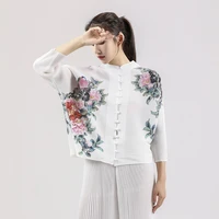 2021 autumn new printed blouse for women miyak fold chinese style flower print white short sleeved thin short t shirt graphic
