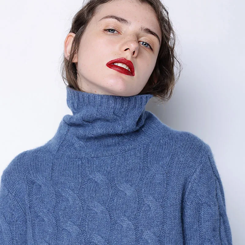 

Women's Winter Thick 100% Pure Cashmere Sweater Women Long Turtleneck Knitted Sweater Pullover Female Cable Warm Jumper Tops New