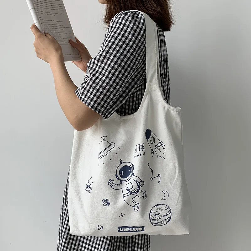 

Women Canvas Shopping Bag Astronaut Books Bag Female Cotton Cloth Shoulder Bag Eco Handbag Tote Reusable Grocery Shopper Bags