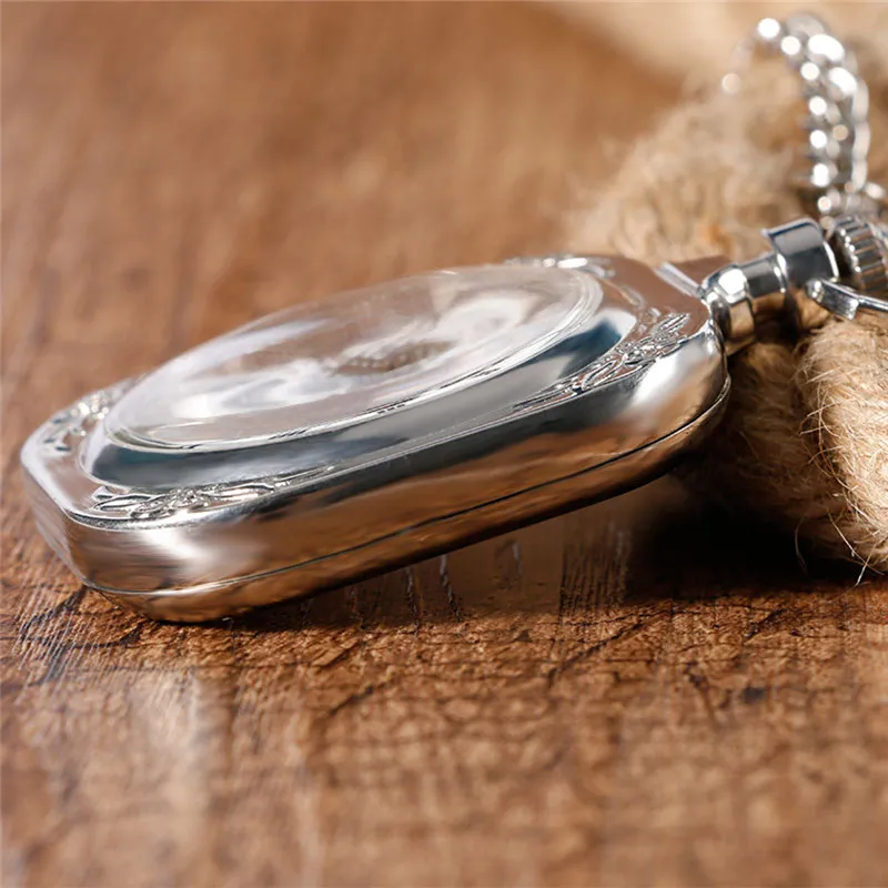 Silver Square Shape Pocket Watch Unisex Handwinding Mechanical Watches Open Face Design Roman Number with Pendant Chain Clock