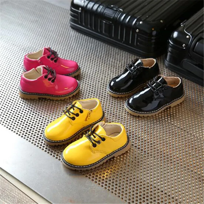 

New Bright Leather British Style Shoes Children's Short Flat Heel Zipper Boys Girls Waterproof Kids Sneakers