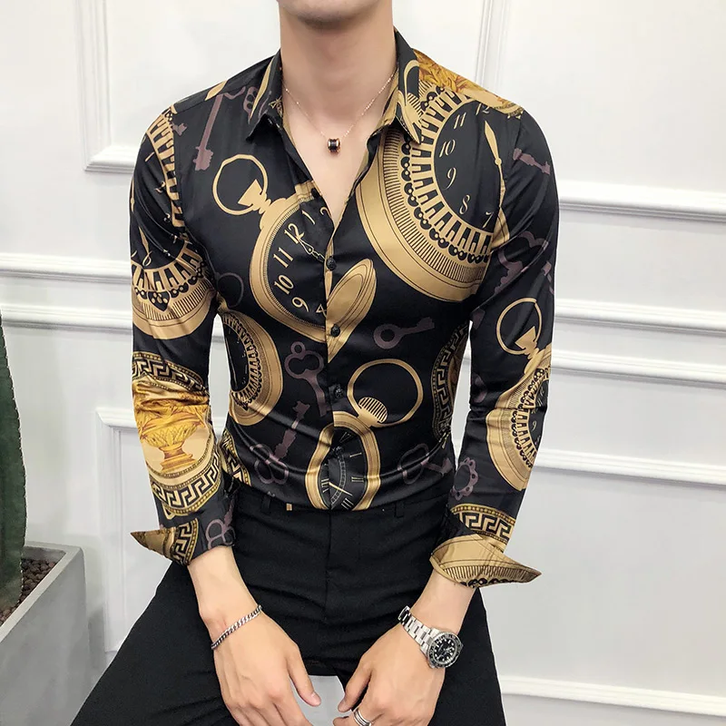 

M-6XL Gold Luxury High-end Fashion Printed Men's Casual Long-sleeved Shirt Performance Stage Banquet Male Slim Shirt
