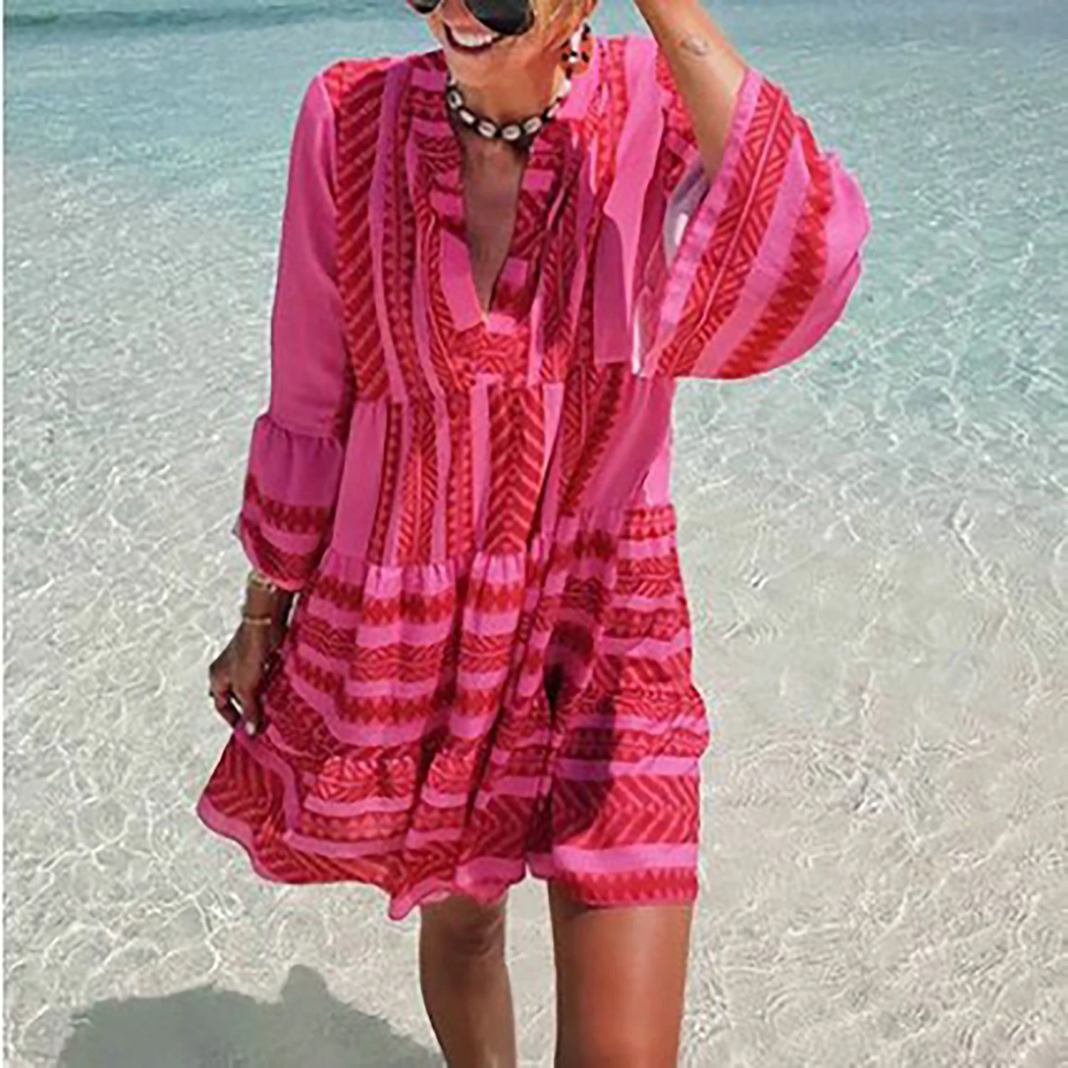 

Women Striped Dress V Neck Chiffon Plus Size Loose A Line Elegant Skirt Printed Casual Vocation Summer Beach 2021 Fashion