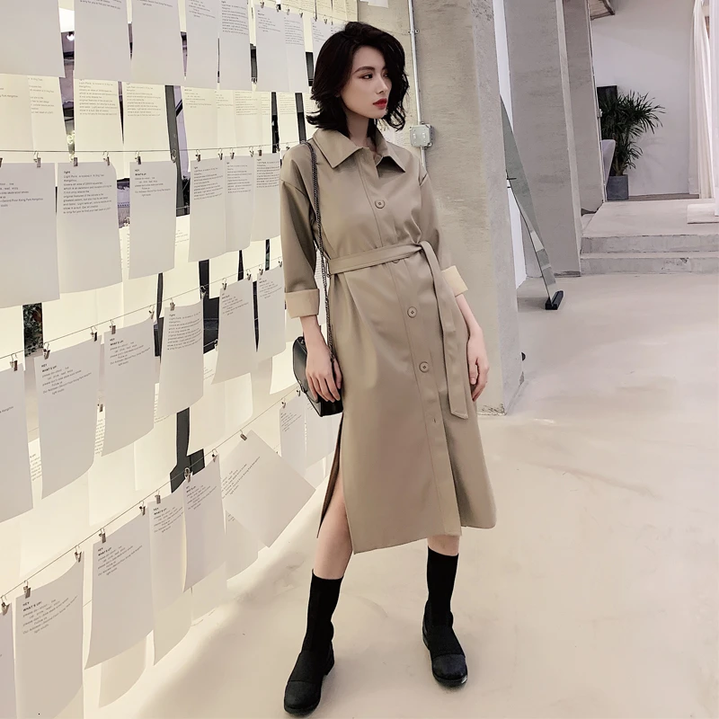 Женская Длинная кожаная куртка 2020 с поясом новый весенний Свободный ремень