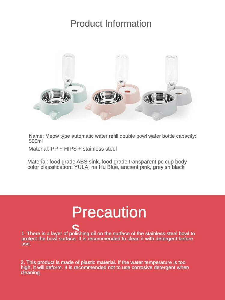 

Cat Bowl Dog Bowl Double Bowl Automatic Drinking Water Mouth Wet-Proof Anti-Tumble Stainless Steel Cat Food Holder Pet Bowl